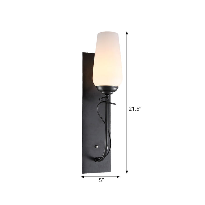 Skørter | Single light wall lamp rustic conical white glass wall lamp in black