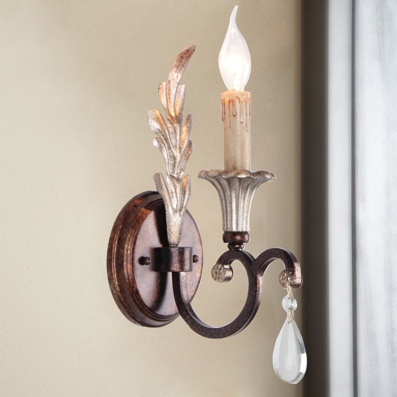 Skørter | Curved Arm Bedroom Wall Mount Lamp Country Metal 1 Light Rust Wall Lamp with Crystal Accent