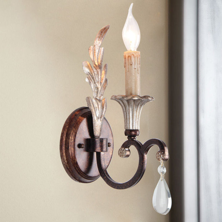 Skørter | Curved Arm Bedroom Wall Mount Lamp Country Metal 1 Light Rust Wall Lamp with Crystal Accent