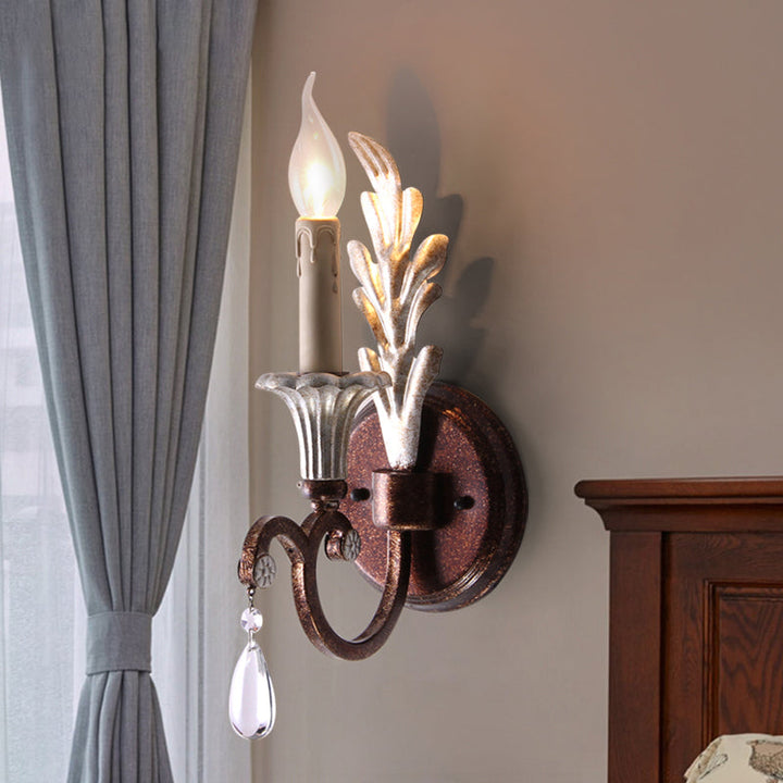 Skørter | Curved Arm Bedroom Wall Mount Lamp Country Metal 1 Light Rust Wall Lamp with Crystal Accent