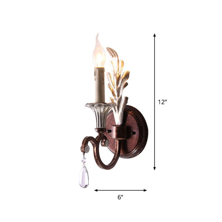 Skørter | Curved Arm Bedroom Wall Mount Lamp Country Metal 1 Light Rust Wall Lamp with Crystal Accent