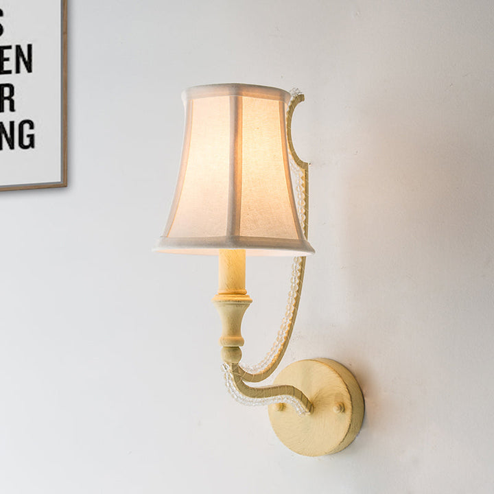 Skørter | 1/2-Bulb Wall Light Ideas Rustic Plank Bell Fabric Wall Lamp in Beige/Antique Silver with Crystal Drop