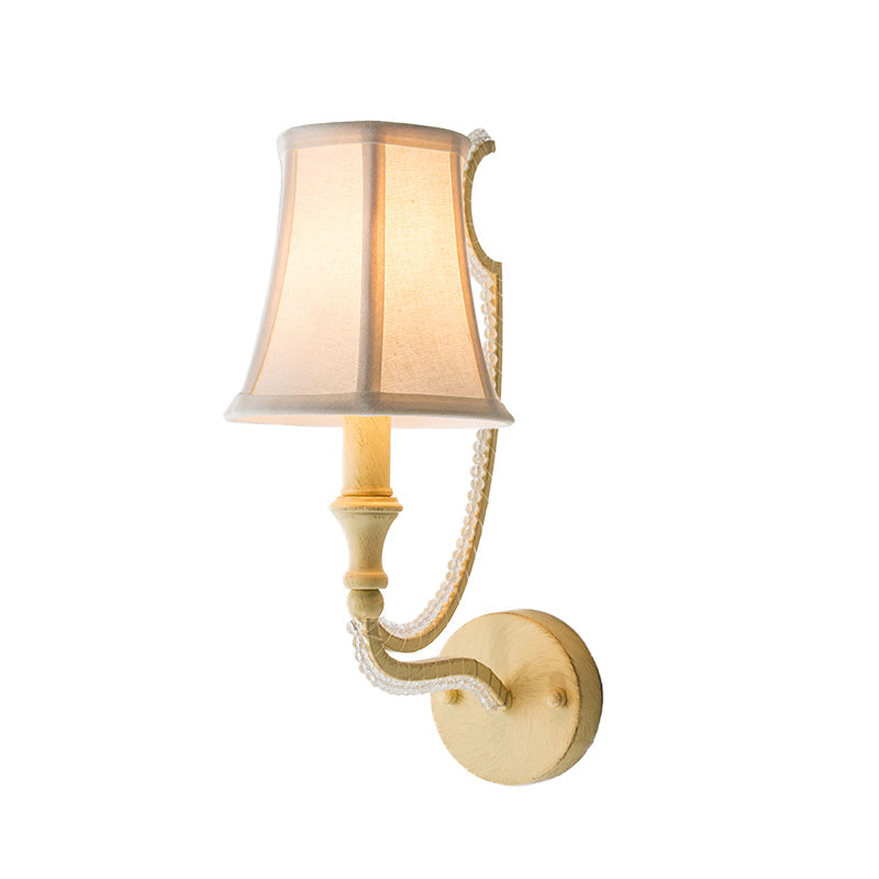 Skørter | 1/2-Bulb Wall Light Ideas Rustic Plank Bell Fabric Wall Lamp in Beige/Antique Silver with Crystal Drop