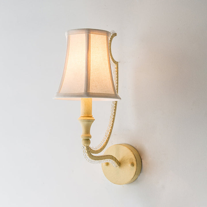 Skørter | 1/2-Bulb Wall Light Ideas Rustic Plank Bell Fabric Wall Lamp in Beige/Antique Silver with Crystal Drop