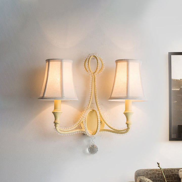 Skørter | 1/2-Bulb Wall Light Ideas Rustic Plank Bell Fabric Wall Lamp in Beige/Antique Silver with Crystal Drop