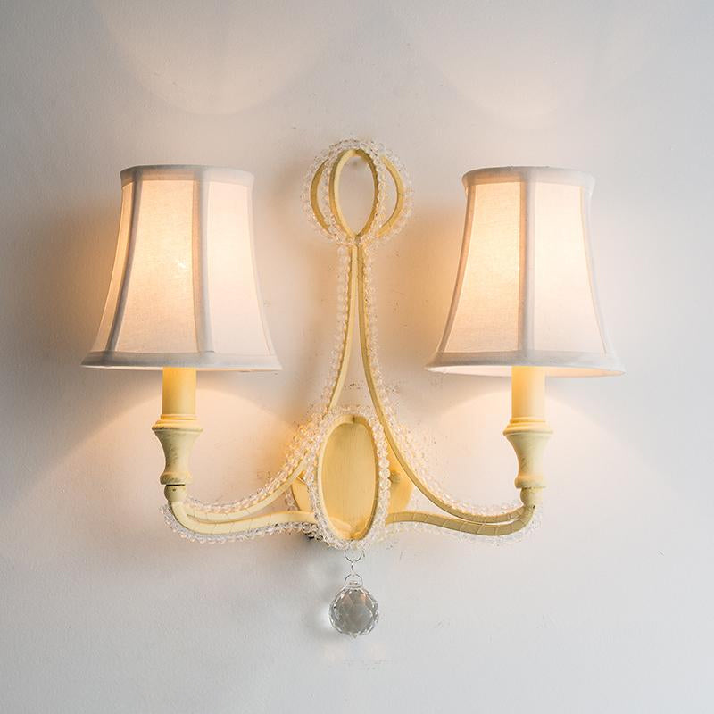Skørter | 1/2-Bulb Wall Light Ideas Rustic Plank Bell Fabric Wall Lamp in Beige/Antique Silver with Crystal Drop