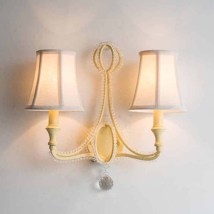 Skørter | 1/2-Bulb Wall Light Ideas Rustic Plank Bell Fabric Wall Lamp in Beige/Antique Silver with Crystal Drop