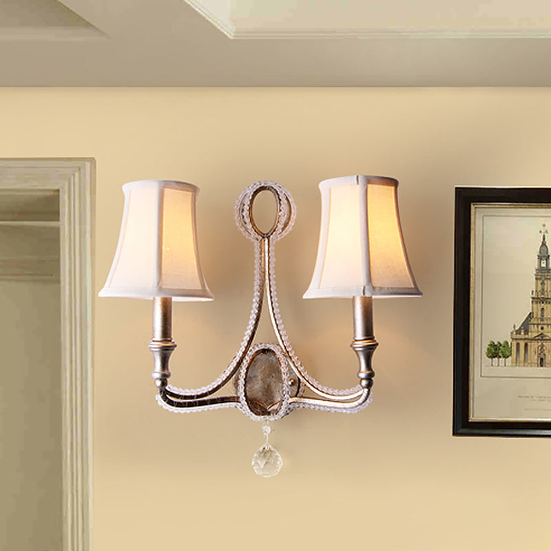 Skørter | 1/2-Bulb Wall Light Ideas Rustic Plank Bell Fabric Wall Lamp in Beige/Antique Silver with Crystal Drop