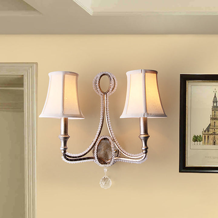 Skørter | 1/2-Bulb Wall Light Ideas Rustic Plank Bell Fabric Wall Lamp in Beige/Antique Silver with Crystal Drop