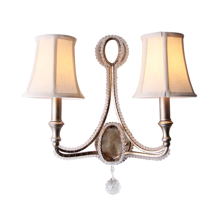 Skørter | 1/2-Bulb Wall Light Ideas Rustic Plank Bell Fabric Wall Lamp in Beige/Antique Silver with Crystal Drop