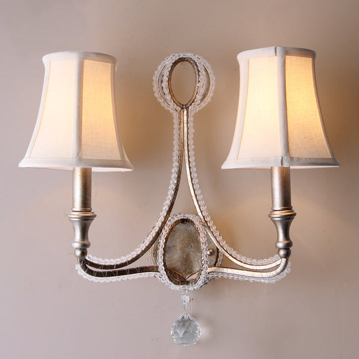 Skørter | 1/2-Bulb Wall Light Ideas Rustic Plank Bell Fabric Wall Lamp in Beige/Antique Silver with Crystal Drop