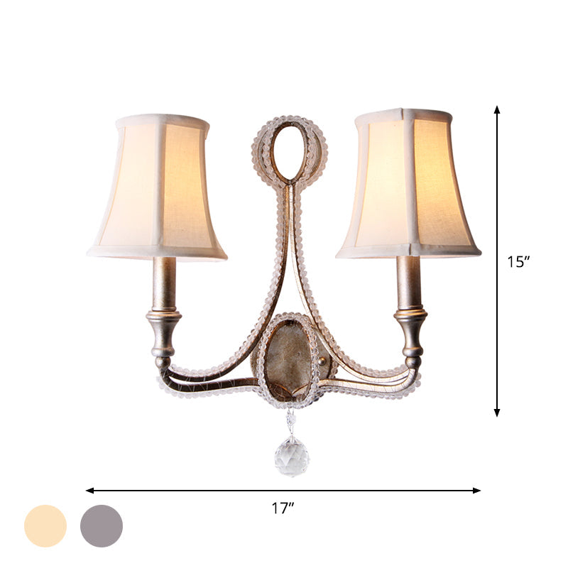 Skørter | 1/2-Bulb Wall Light Ideas Rustic Plank Bell Fabric Wall Lamp in Beige/Antique Silver with Crystal Drop