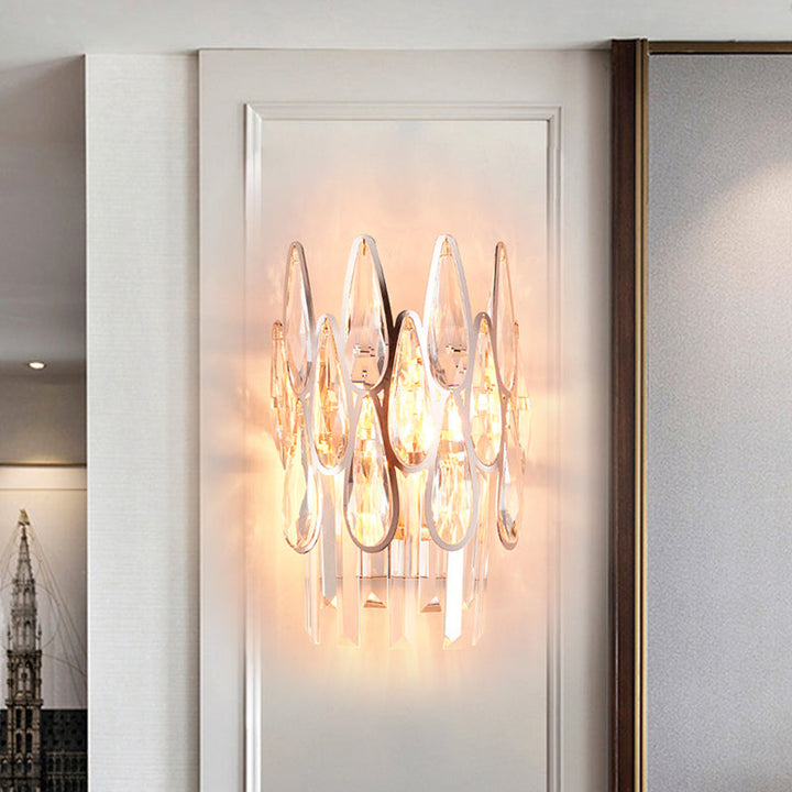 Lisslune | 2 Light Drop Wall Lamp Sconce Simplicity Gold Finish Clear Crystal Wall Lamp with Semi-Circle Design