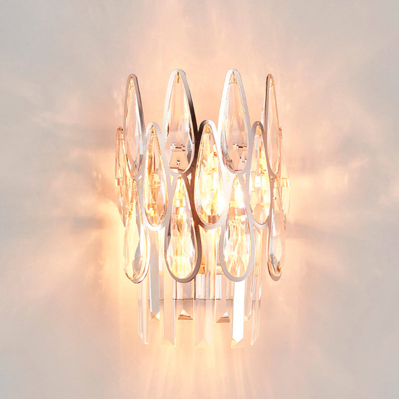Lisslune | 2 Light Drop Wall Lamp Sconce Simplicity Gold Finish Clear Crystal Wall Lamp with Semi-Circle Design