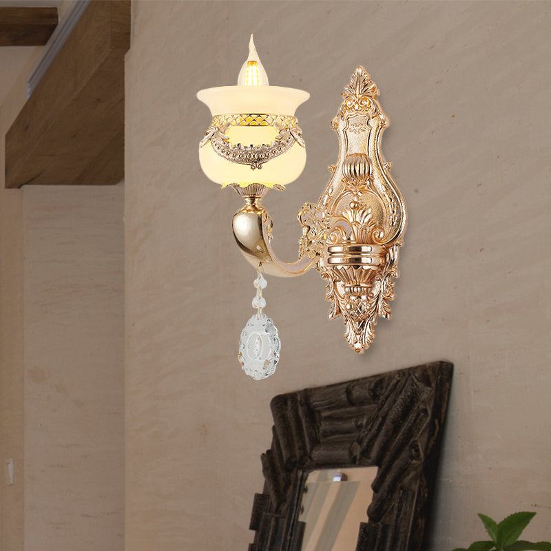 Skørter | Gold Candle Holder Wall Light Traditional Jade 1/2-Light Living Room Wall Lamp with Hanging Crystal