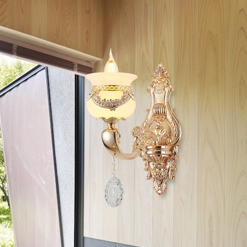 Skørter | Gold Candle Holder Wall Light Traditional Jade 1/2-Light Living Room Wall Lamp with Hanging Crystal