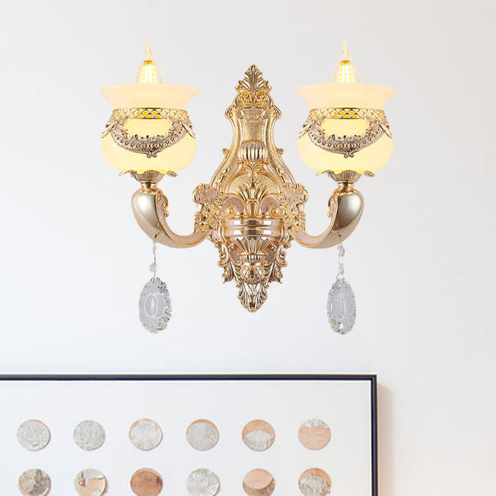 Skørter | Gold Candle Holder Wall Light Traditional Jade 1/2-Light Living Room Wall Lamp with Hanging Crystal
