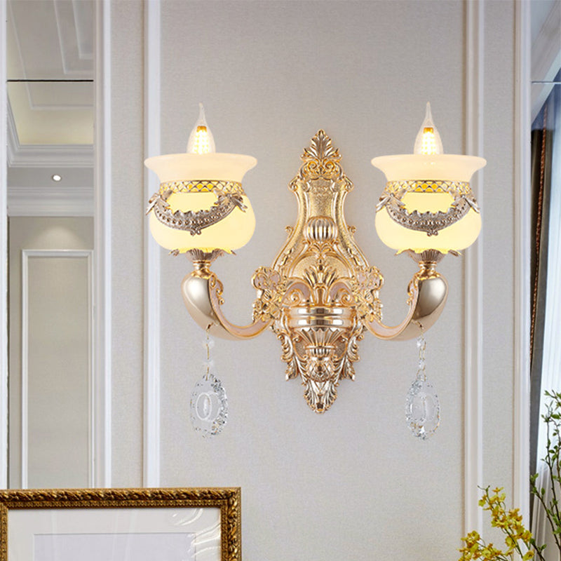 Skørter | Gold Candle Holder Wall Light Traditional Jade 1/2-Light Living Room Wall Lamp with Hanging Crystal