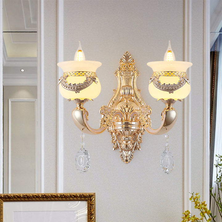 Skørter | Gold Candle Holder Wall Light Traditional Jade 1/2-Light Living Room Wall Lamp with Hanging Crystal