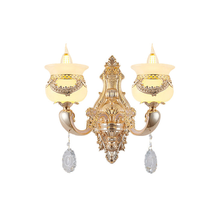 Skørter | Gold Candle Holder Wall Light Traditional Jade 1/2-Light Living Room Wall Lamp with Hanging Crystal