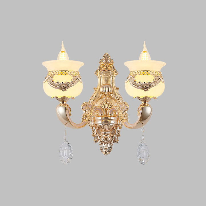 Skørter | Gold Candle Holder Wall Light Traditional Jade 1/2-Light Living Room Wall Lamp with Hanging Crystal