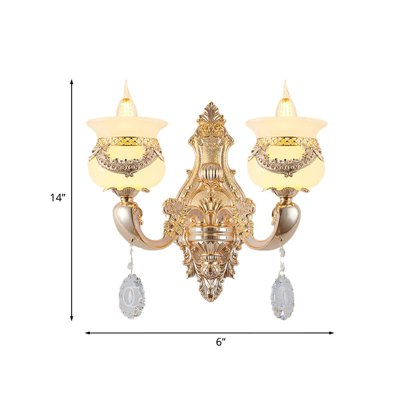 Skørter | Gold Candle Holder Wall Light Traditional Jade 1/2-Light Living Room Wall Lamp with Hanging Crystal