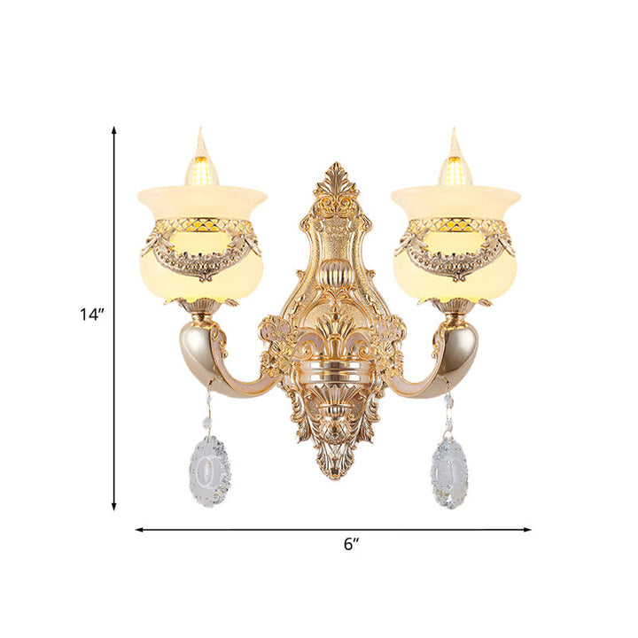 Skørter | Gold Candle Holder Wall Light Traditional Jade 1/2-Light Living Room Wall Lamp with Hanging Crystal