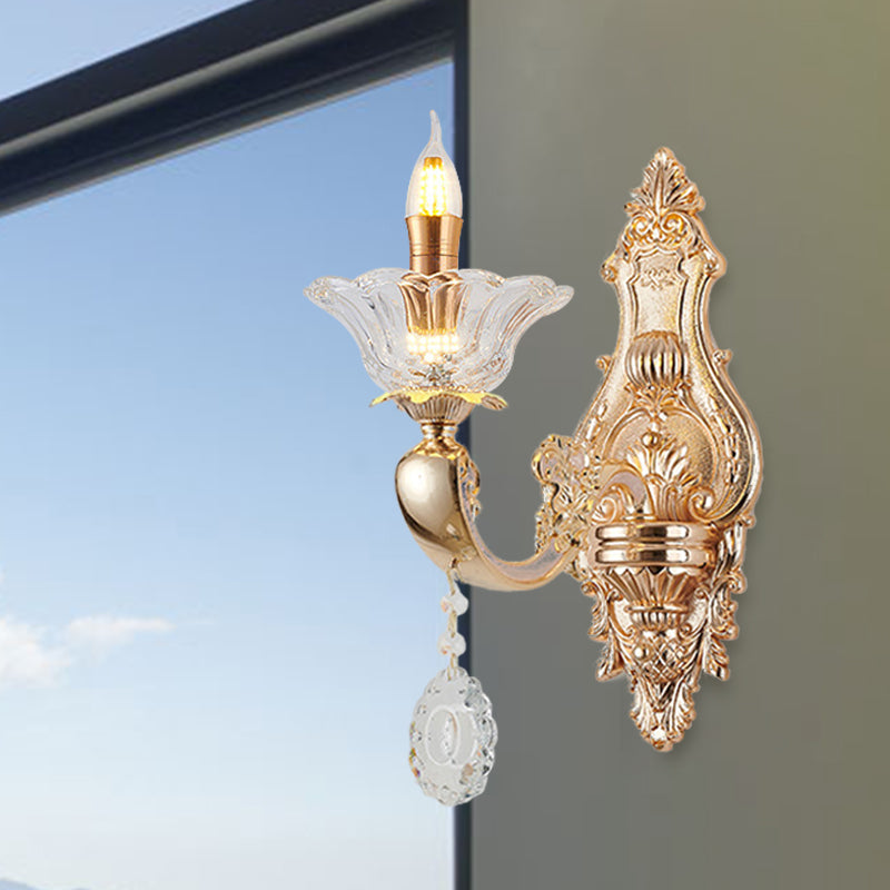 Skørter | Retro Candle Wall Lamp Lighting Fixture 1/2-Bulb Clear Crystal Glass Wall Mounted Lamp in Gold