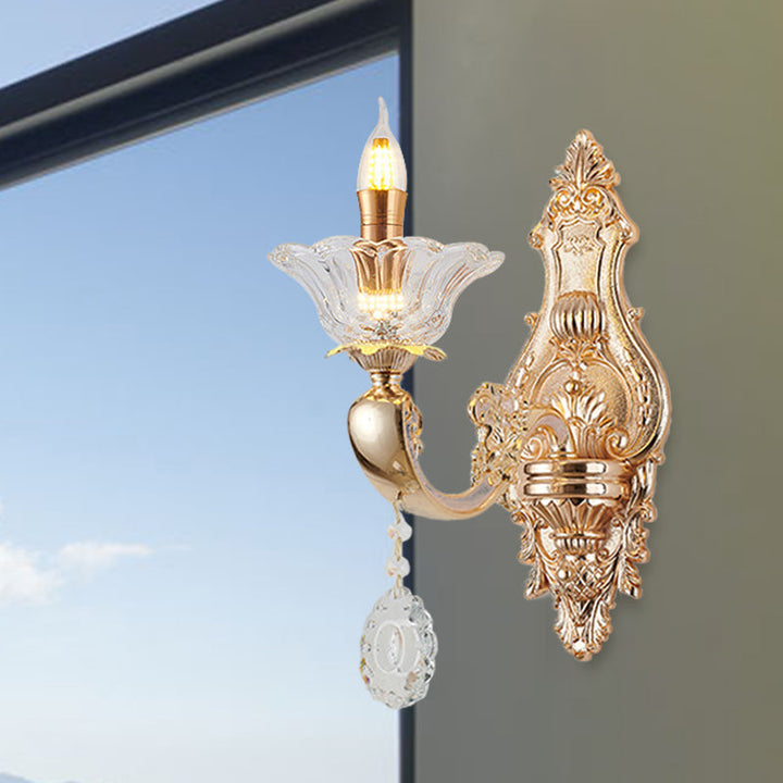 Skørter | Retro Candle Wall Lamp Lighting Fixture 1/2-Bulb Clear Crystal Glass Wall Mounted Lamp in Gold