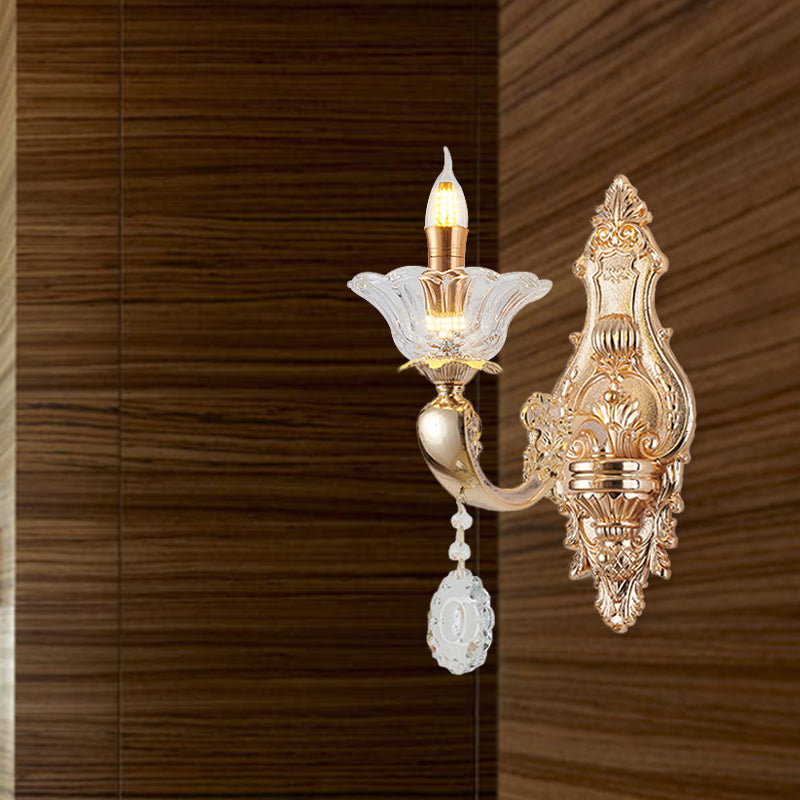 Skørter | Retro Candle Wall Lamp Lighting Fixture 1/2-Bulb Clear Crystal Glass Wall Mounted Lamp in Gold