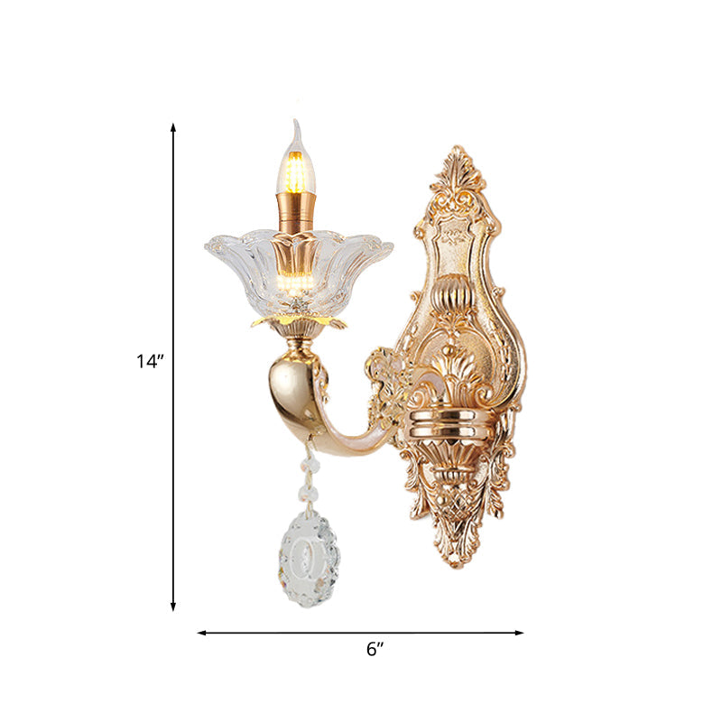 Skørter | Retro Candle Wall Lamp Lighting Fixture 1/2-Bulb Clear Crystal Glass Wall Mounted Lamp in Gold