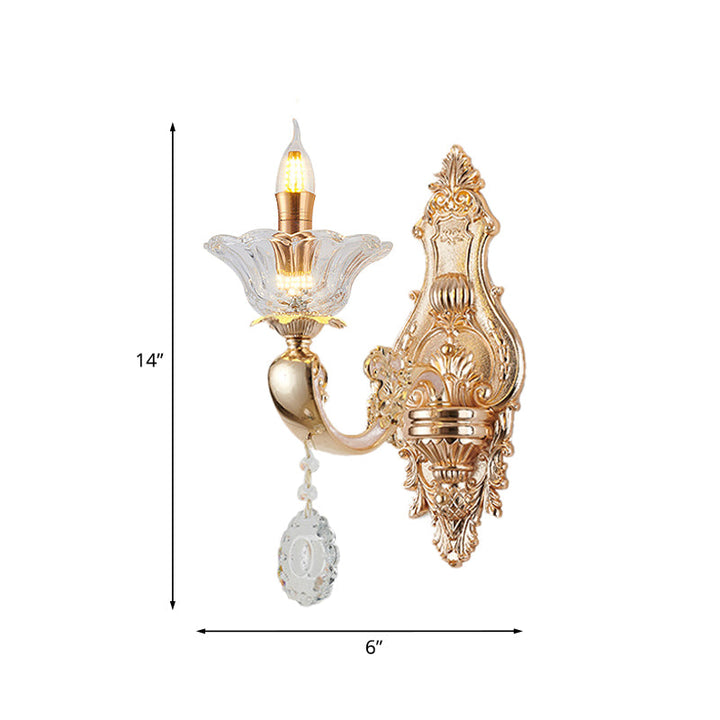 Skørter | Retro Candle Wall Lamp Lighting Fixture 1/2-Bulb Clear Crystal Glass Wall Mounted Lamp in Gold