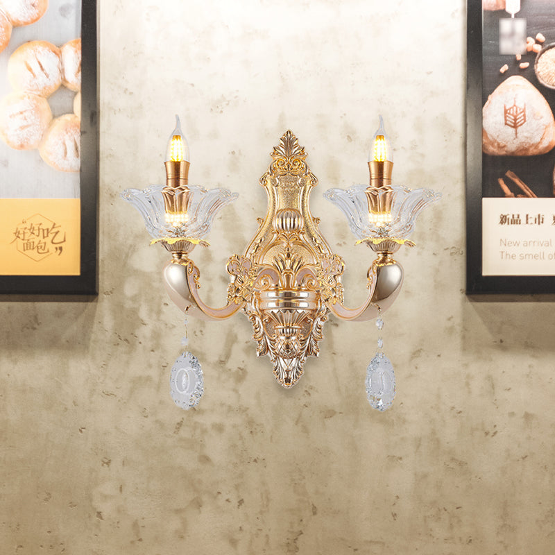 Skørter | Retro Candle Wall Lamp Lighting Fixture 1/2-Bulb Clear Crystal Glass Wall Mounted Lamp in Gold