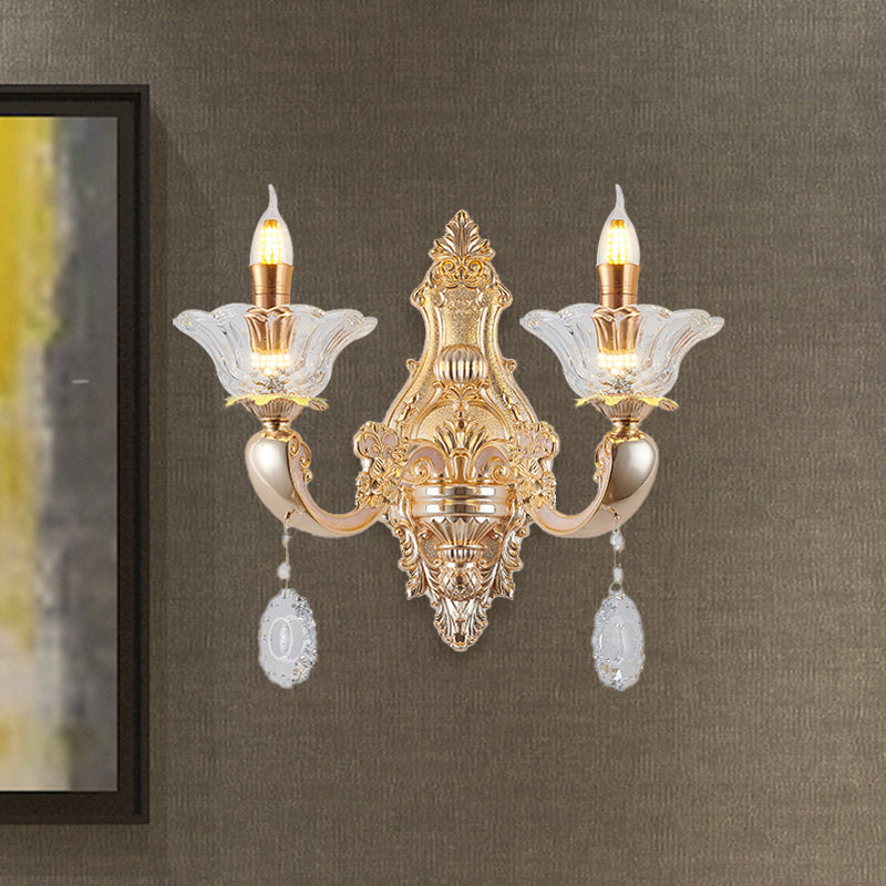 Skørter | Retro Candle Wall Lamp Lighting Fixture 1/2-Bulb Clear Crystal Glass Wall Mounted Lamp in Gold