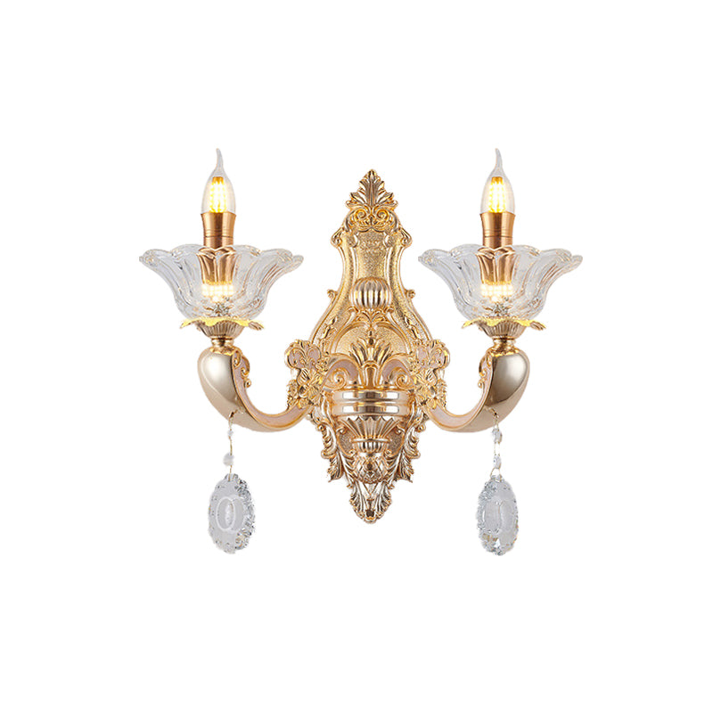 Skørter | Retro Candle Wall Lamp Lighting Fixture 1/2-Bulb Clear Crystal Glass Wall Mounted Lamp in Gold