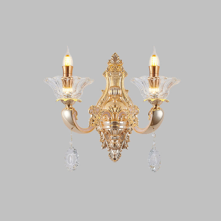 Skørter | Retro Candle Wall Lamp Lighting Fixture 1/2-Bulb Clear Crystal Glass Wall Mounted Lamp in Gold