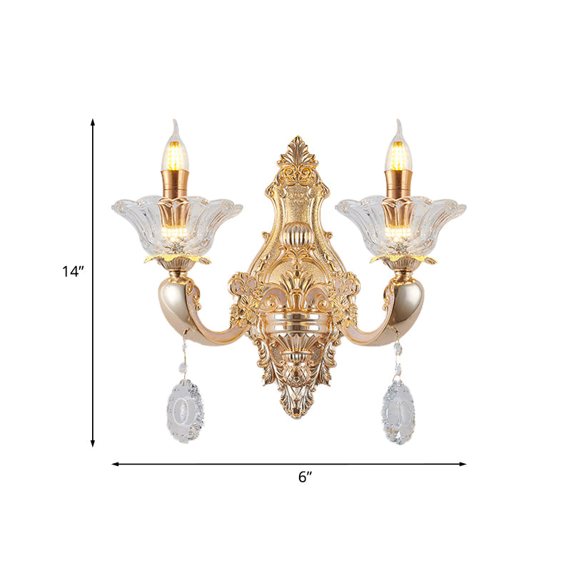 Skørter | Retro Candle Wall Lamp Lighting Fixture 1/2-Bulb Clear Crystal Glass Wall Mounted Lamp in Gold