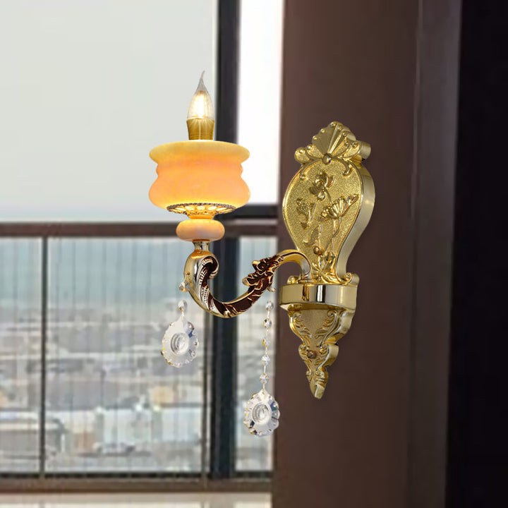 Skørter | 1/2-Bulb Candelabra Wall Lamp Traditionalism Gold Jade Wall Lamp with Crystal Pendant