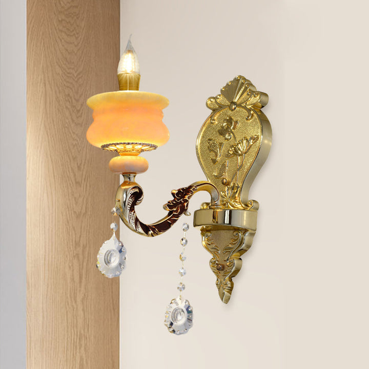 Skørter | 1/2-Bulb Candelabra Wall Lamp Traditionalism Gold Jade Wall Lamp with Crystal Pendant