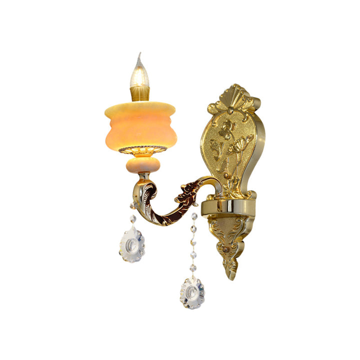 Skørter | 1/2-Bulb Candelabra Wall Lamp Traditionalism Gold Jade Wall Lamp with Crystal Pendant