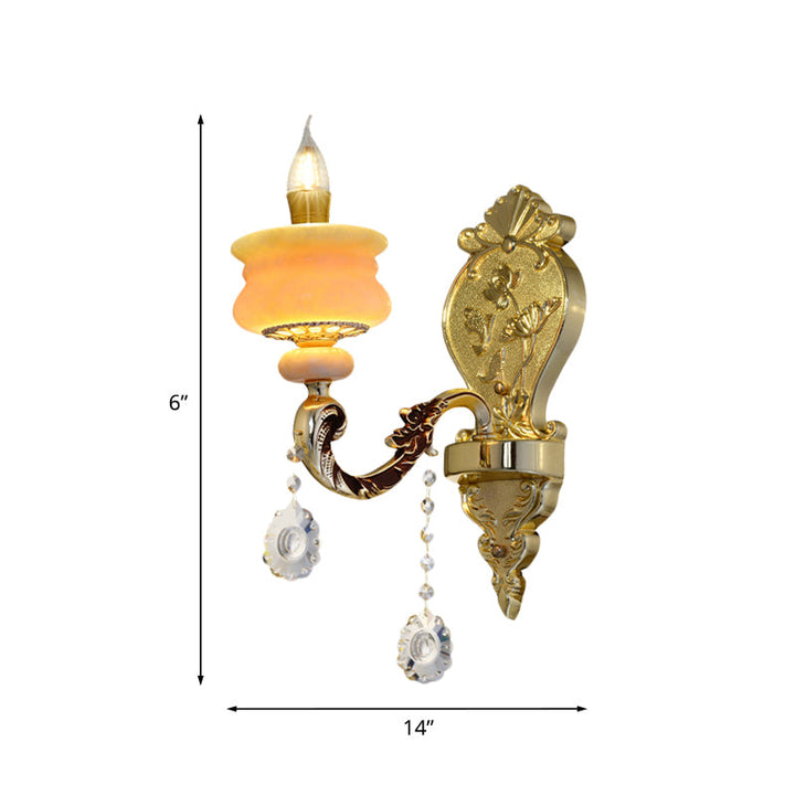 Skørter | 1/2-Bulb Candelabra Wall Lamp Traditionalism Gold Jade Wall Lamp with Crystal Pendant