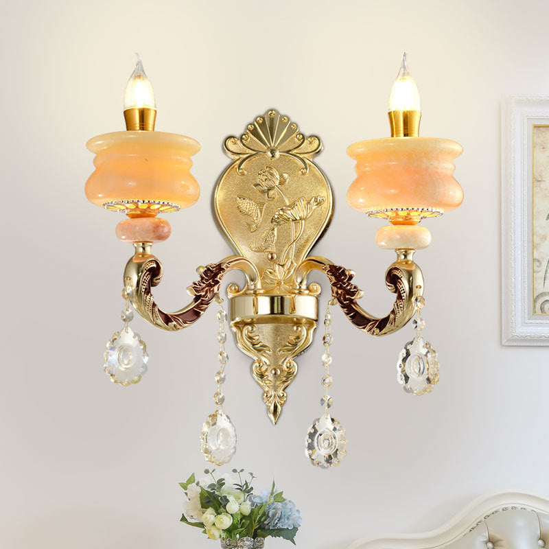 Skørter | 1/2-Bulb Candelabra Wall Lamp Traditionalism Gold Jade Wall Lamp with Crystal Pendant
