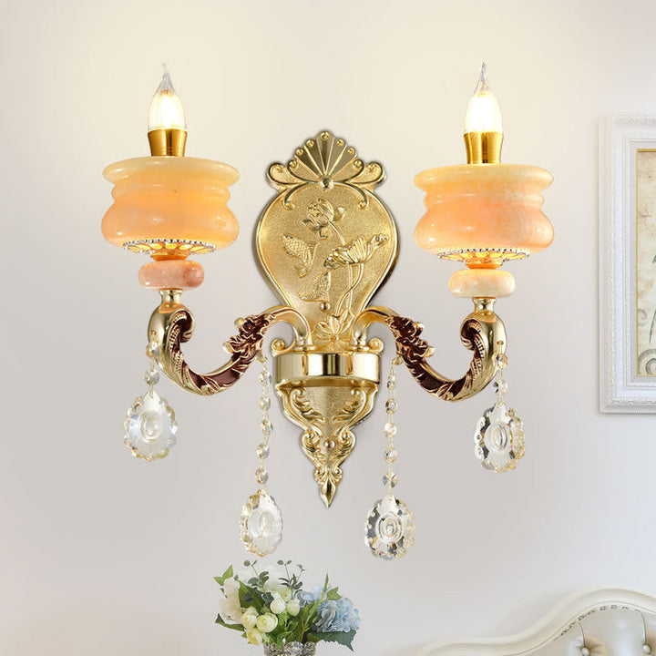 Skørter | 1/2-Bulb Candelabra Wall Lamp Traditionalism Gold Jade Wall Lamp with Crystal Pendant