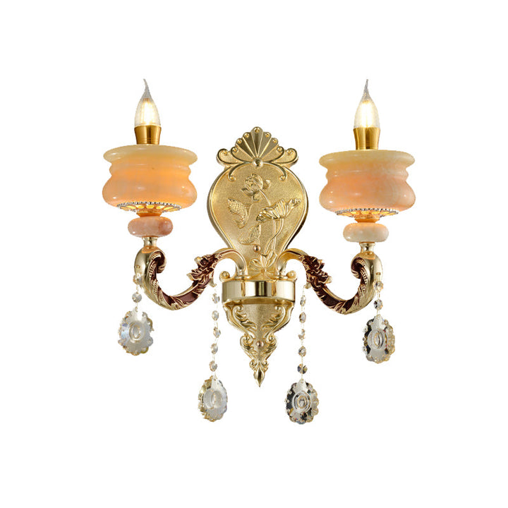 Skørter | 1/2-Bulb Candelabra Wall Lamp Traditionalism Gold Jade Wall Lamp with Crystal Pendant