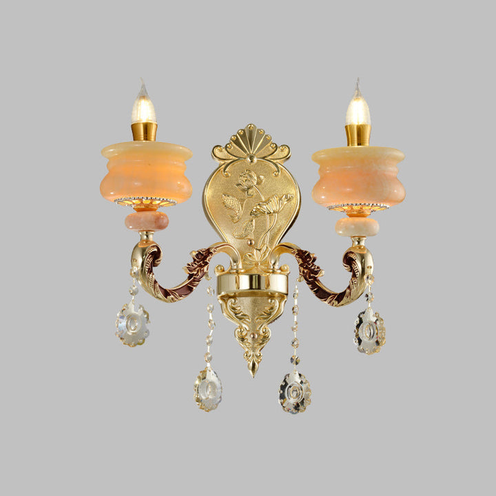 Skørter | 1/2-Bulb Candelabra Wall Lamp Traditionalism Gold Jade Wall Lamp with Crystal Pendant