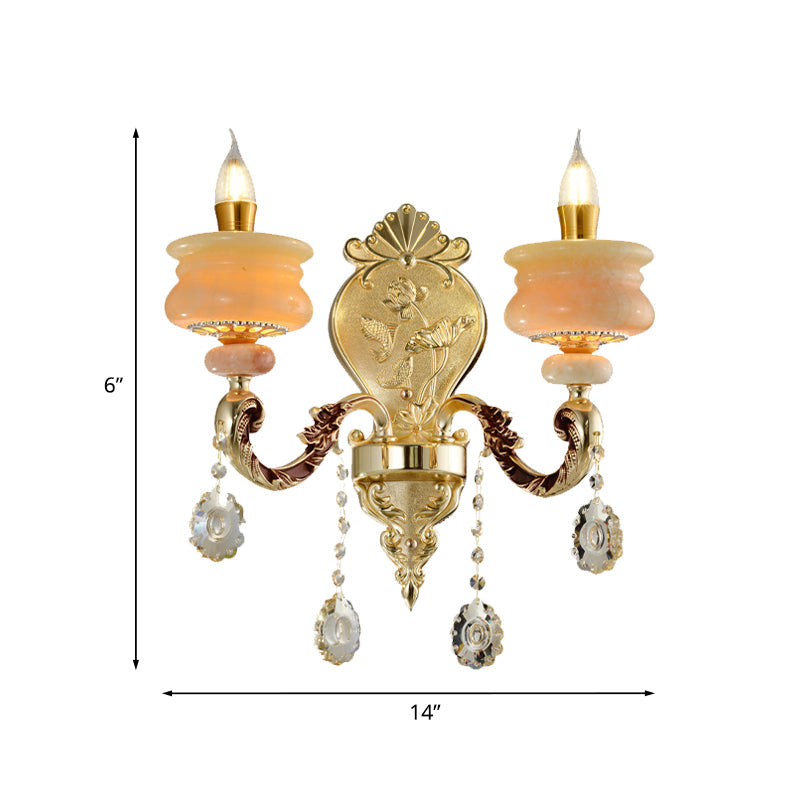 Skørter | 1/2-Bulb Candelabra Wall Lamp Traditionalism Gold Jade Wall Lamp with Crystal Pendant