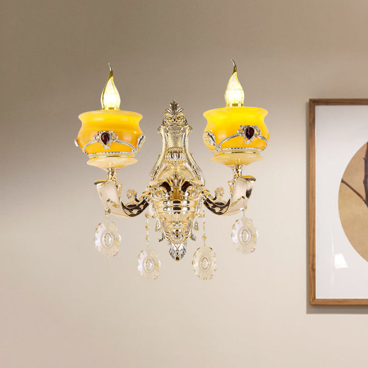 Skørter | Candle holder Jade Wall lamp Wall lamp Vintage 1/2 Head Bedroom Wall light Fixture in Gold with Crystal Drops