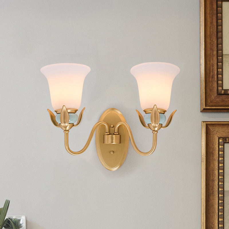 Skørter | 1/2-Head Wall Lighting Vintage Bedroom Wall Mounted Lamp Fixture with Bell White Opal Glass Shade in Gold