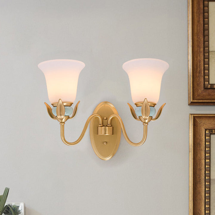 Skørter | 1/2-Head Wall Lighting Vintage Bedroom Wall Mounted Lamp Fixture with Bell White Opal Glass Shade in Gold