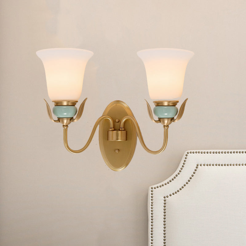 Skørter | 1/2-Head Wall Lighting Vintage Bedroom Wall Mounted Lamp Fixture with Bell White Opal Glass Shade in Gold